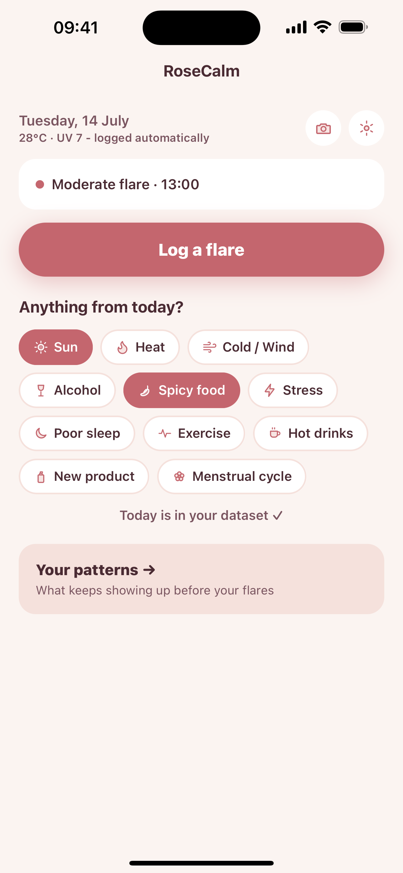 The RoseCalm home screen